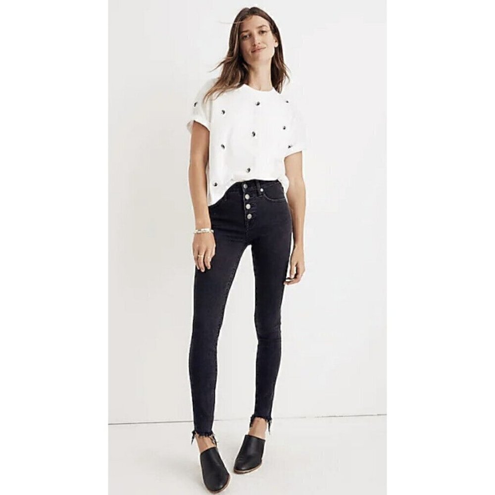 Madewell 9" High Rise Skinny Women's Size 24 Black Button Fly Raw Hem Jeans